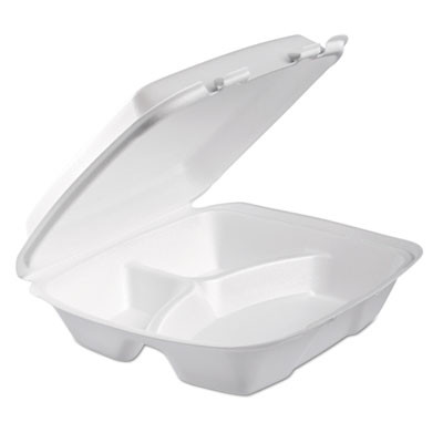 Dart Foam Hinged Lid Container  3-Comp  9 x 9 2 5 x 3  White  100 Bag  2 Bag Carton (DCC90HTPF3R)