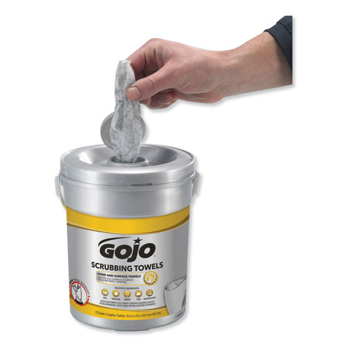 GOJO Scrubbing Towels  Hand Cleaning  Silver Yellow  10 1 2 x 12  72 Bucket (GOJ639606EA)