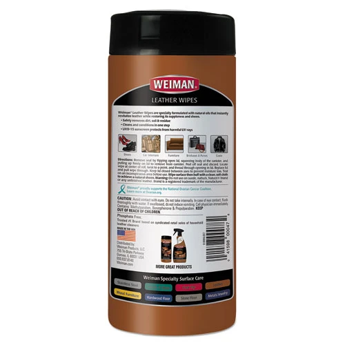 WEIMAN Leather Wipes  7 x 8  30 Canister  4 Canisters Carton (WMN91CT)