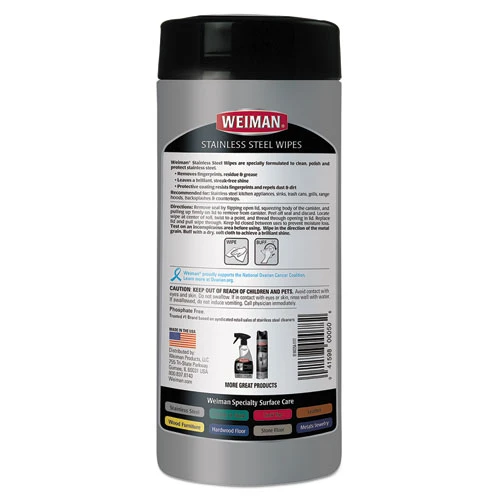 WEIMAN Stainless Steel Wipes  7 x 8  30 Canister  4 Canisters Carton (WMN92CT)