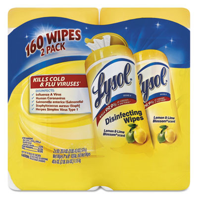 LYSOL Brand Disinfecting Wipes  7 x 8  Lemon and Lime Blossom  80 Wipes Canister  2 Canisters Pack (RAC80296PK)