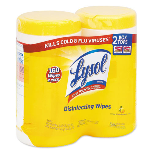 LYSOL Brand Disinfecting Wipes  7 x 8  Lemon and Lime Blossom  80 Wipes Canister  2 Canisters Pack (RAC80296PK)
