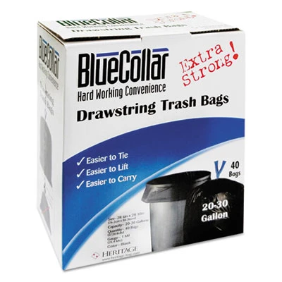 BlueCollar Drawstring Trash Bags  30 gal  1 mil  30  x 34   Black  240 Carton (HERN6034YKRC1CT)