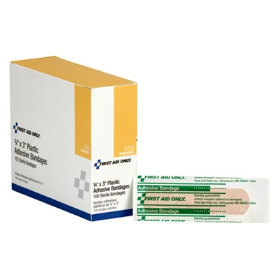 First Aid Only Plastic Adhesive Bandages  3  x 0 75   100 Box (FAOG155)