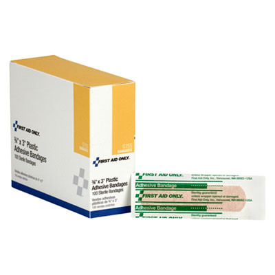 First Aid Only Plastic Adhesive Bandages  3  x 0 75   100 Box (FAOG155)