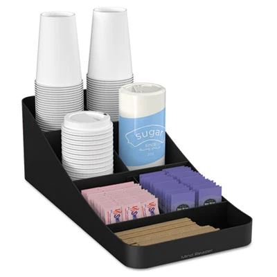 Mind Reader Trove Seven-Compartment Coffee Condiment Organizer  Black  7 3 4 x 16 x 5 1 4 (EMSCOMP7BLK)