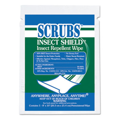 SCRUBS Insect Shield Insect Repellent Wipes  8 x 10  White  100 Carton (ITW91401)