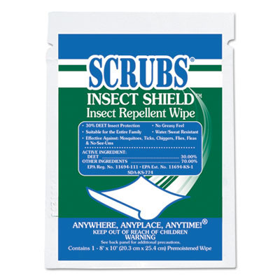 SCRUBS Insect Shield Insect Repellent Wipes  8 x 10  White  100 Carton (ITW91401)