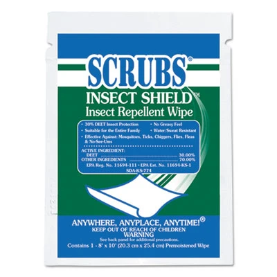 SCRUBS Insect Shield Insect Repellent Wipes  8 x 10  White  100 Carton (ITW91401)