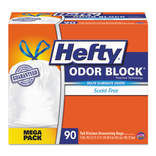 Hefty Strong Tall Kitchen Drawstring Bags  13 gal  0 9 mil  34  x 48   White  90 Box (RFPE84574)