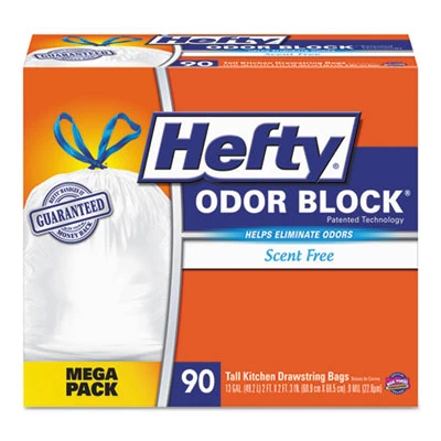 Hefty Strong Tall Kitchen Drawstring Bags  13 gal  0 9 mil  34  x 48   White  90 Box (RFPE84574)