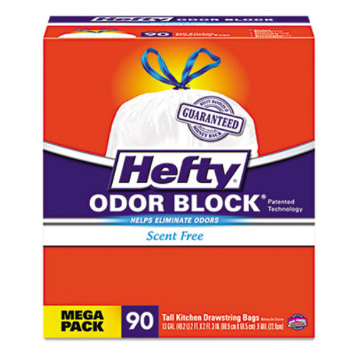 Hefty Strong Tall Kitchen Drawstring Bags  13 gal  0 9 mil  34  x 48   White  90 Box (RFPE84574CT)