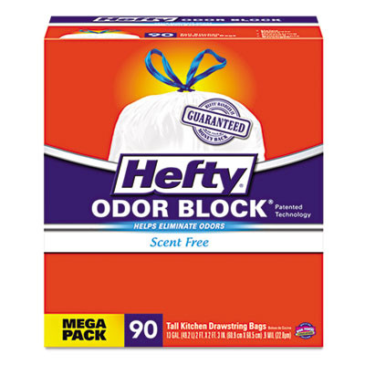 Hefty Strong Tall Kitchen Drawstring Bags  13 gal  0 9 mil  34  x 48   White  90 Box (RFPE84574CT)