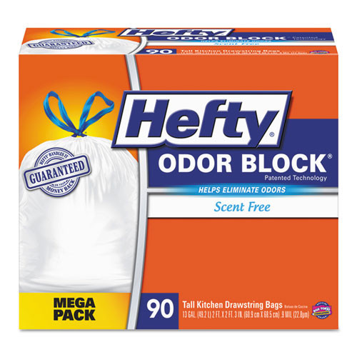 Hefty Strong Tall Kitchen Drawstring Bags  13 gal  0 9 mil  34  x 48   White  90 Box (RFPE84574CT)