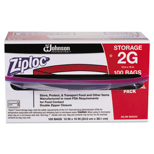 Ziploc Double Zipper Bags, Plastic, 1.75 mil, 2gal, Clear w/Write-On Panel, 100/Carton (SJN682253)