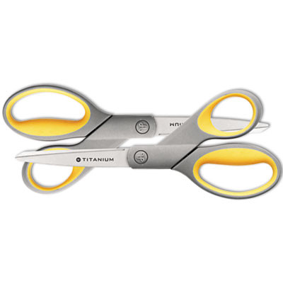 Westcott Titanium Bonded Scissors  8  Long  3 5  Cut Length  Gray Yellow Straight Handles  2 Pack (ACM13901)