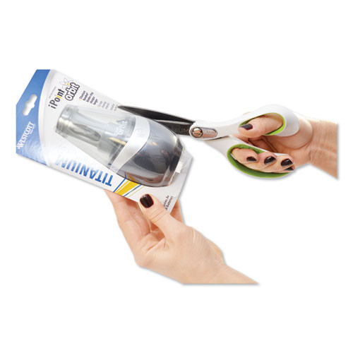 Westcott CarboTitanium Bonded Scissors  8  Long  3 25  Cut Length  White Green Straight Handle (ACM16447)