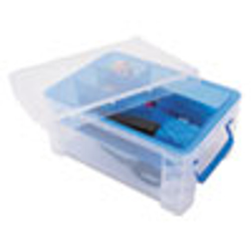 Advantus Super Stacker Divided Storage Box  Clear w Blue Tray Handles  10 3 x 14 25x 6 5 (AVT37371)