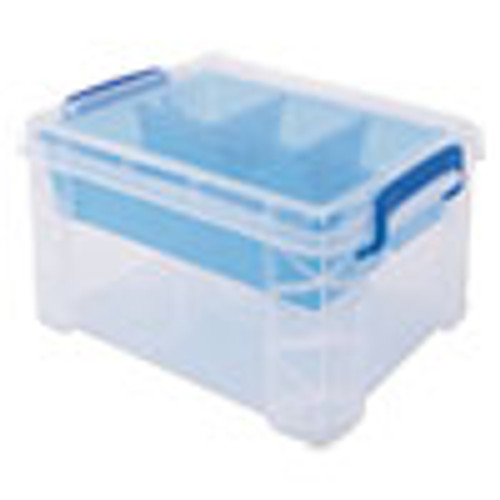 Advantus Super Stacker Divided Storage Box  Clear w Blue Tray Handles  7 1 2 x 10 12x6 5 (AVT37375)
