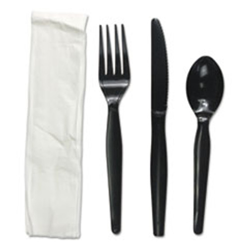 Boardwalk Four-Piece Cutlery Kit  Fork Knife Napkin Teaspoon  Heavyweight  Black  250 Carton (BWKFKTNHWPSBLA)