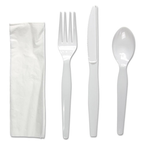 Boardwalk Four-Piece Cutlery Kit  Fork Knife Napkin Teaspoon  Heavyweight  White  250 Carton (BWKFKTNHWPSWH)