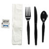 Boardwalk Six-Piece Cutlery Kit  Condiment Fork Knife Napkin Spoon  Heavyweight  Black  250 Carton (BWKFKTNSHWPSBLA)