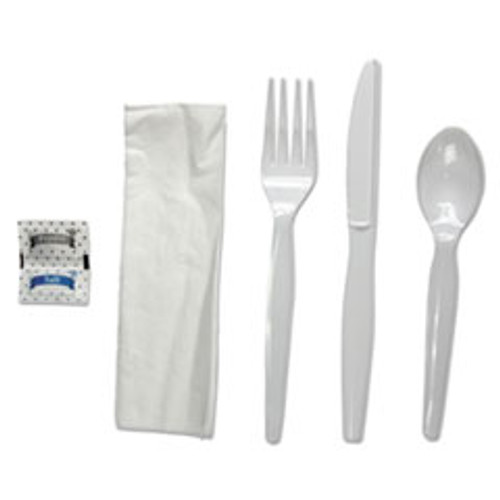 Boardwalk Six-Piece Cutlery Kit  Condiment Fork Knife Napkin Spoon  Heavyweight  White  250 Carton (BWKFKTNSHWPSWH)