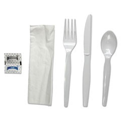 Boardwalk Six-Piece Cutlery Kit  Condiment Fork Knife Napkin Spoon  Heavyweight  White  250 Carton (BWKFKTNSHWPSWH)