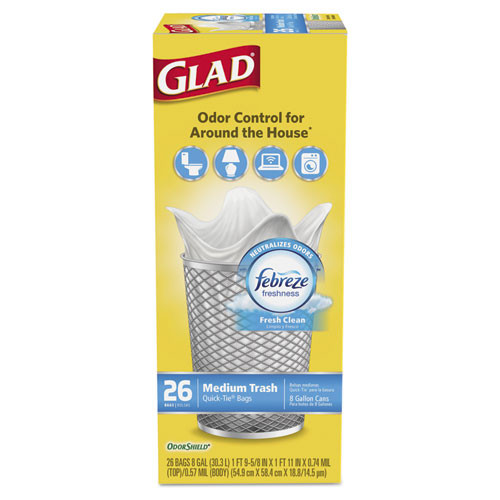 Glad OdorShield Medium Quick-Tie Trash Bags  8 gal  0 57 mil  21 63  x 23   White  26 Box (CLO78815BX)