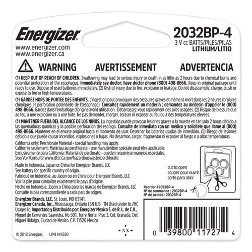 Energizer 2032 Lithium Coin Battery  3V  4 Pack (EVE2032BP4)