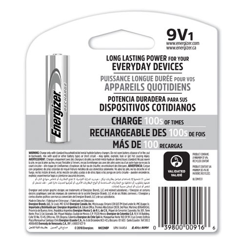 Energizer NiMH Rechargeable 9V Batteries (EVENH22NBP)