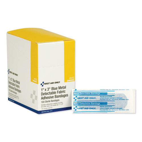 First Aid Only Adhesive Blue Metal Detectable Bandages  1 x 3  Plastic w Foil  100 Bx  12 Bx Ct (FAOH175)