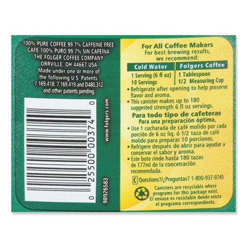 Folgers Coffee  Classic Roast Decaffeinated  Ground  22 3 5oz Can (FOL00374EA)