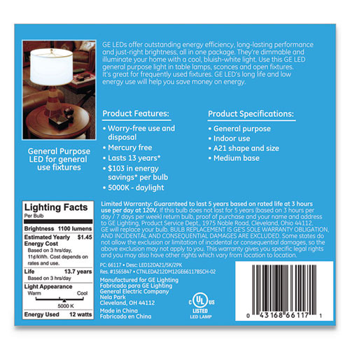 GE LED Daylight A21 Dimmable Light Bulb  12 W  2 Pack (GEL66117)