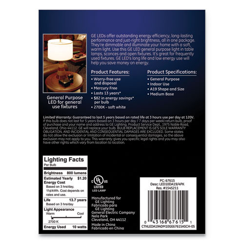 GE LED Soft White A19 Dimmable Light Bulb  10 W  4 Pack (GEL67615)