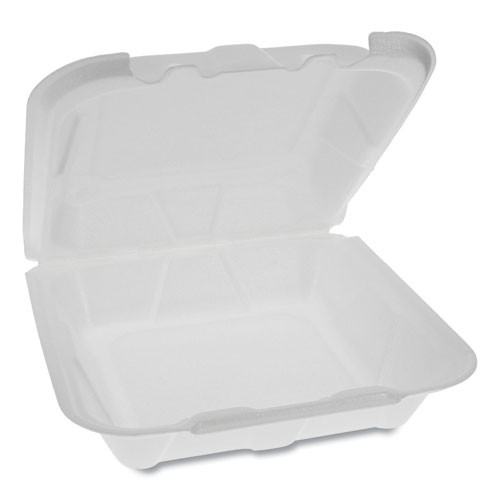 Pactiv Foam Hinged Lid Containers  Dual Tab Lock Economy  8 42 x 8 15 x 3  1-Compartment  White  150 Carton (PCTYTD18801ECON)