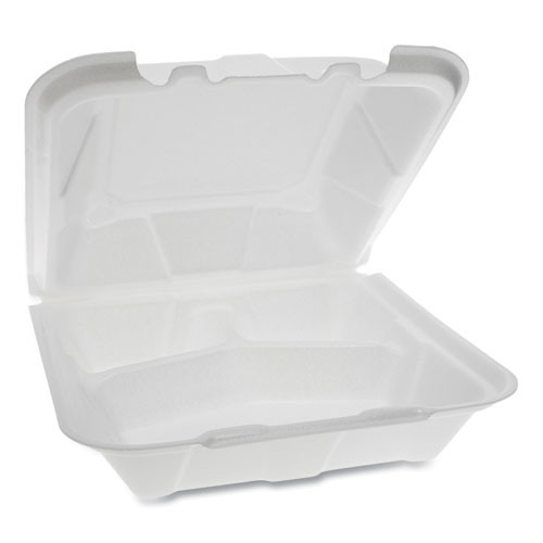 Pactiv Foam Hinged Lid Containers  Dual Tab Lock  9 13 x 9 x 3 25  3-Compartment  White  150 Carton (PCTYTD199030000)