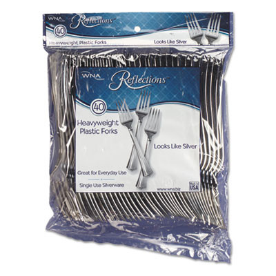 WNA Reflections Heavyweight Plastic Utensils  Fork  Silver  7   40 pack (WNAREF320FKPK)
