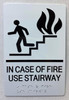 IN CASE OF FIRE USE STAIRWAY sign with Raised letters/Image & Grade 2 Braille - Includes Red Adhesive pad for Easy Installation - The sensation line