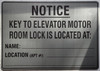 Notice Key to the elevator Motor room  Safety Sign Brushed Silver Aluminum Wall Mount  Rust-Free, Durable  Double-Sided Tape I Easy Installation