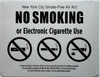 NYC NO SMOKING OR ELECTRONIC CIGARETTES  Safety Sign FOR RESTURANTS