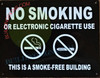 NYC Smoke Free Act  Safety Sign"No Smoking or Electric Cigarette Use" - This is A Smoke Free Building- Black Rock LINE