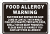 RESTURANT FOOD ALLERGY WARNING SIGN