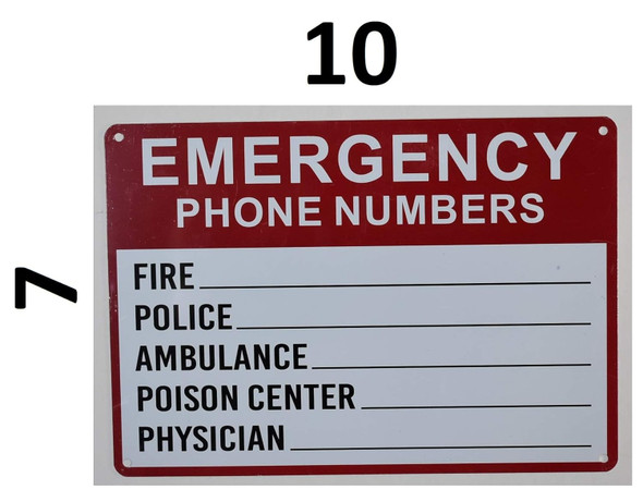 Emergency Phone Numbers Safety Sign - Fire, Police, Ambulance, Poison Center, Physician