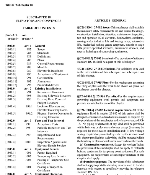 NYC Building Code Title 27 –  Elevators and Conveyors ( PDF )