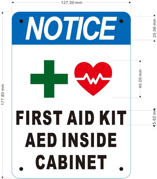 FIRST AID KIT AND AED INSIDE CABIENT sign