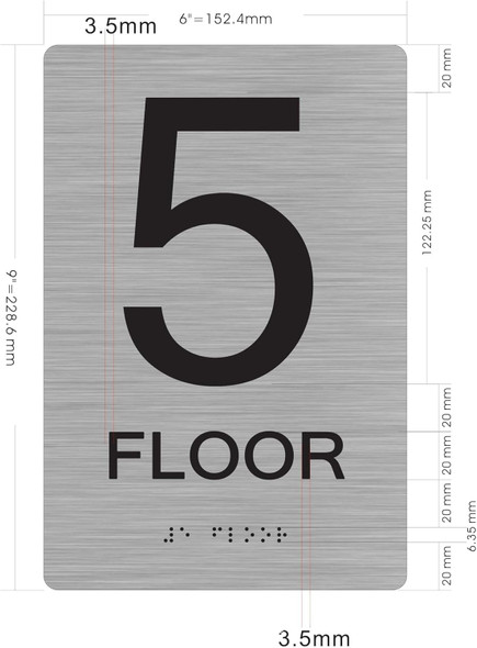 Floor Number Sign Tactile Graphics Grade 2 Braille Text With Raised Letters Aluminum, Safety Sign For Office, School Hospital,Brush Silver (Sensation Line)