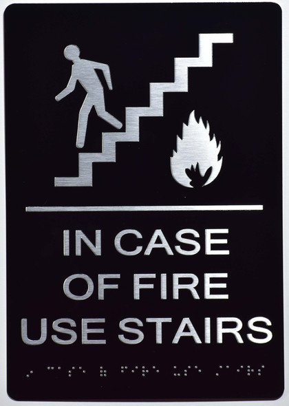 In case of fire use stairs sign with braille and raised letter ada black
