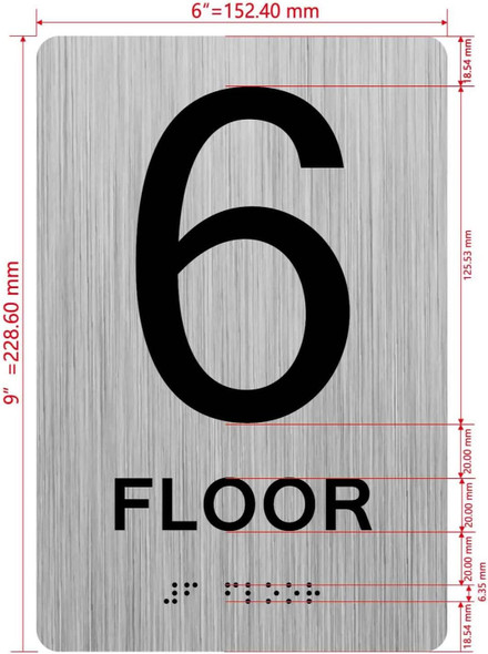 Floor number sign with Raised letters/Image & Grade 2 Braille - Includes Red Adhesive pad for Easy Installation - The park Ave Line (6th Floor)