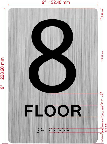 Floor number sign with Raised letters/Image & Grade 2 Braille - Includes Red Adhesive pad for Easy Installation - The park Ave Line (8th Floor)